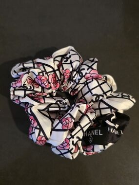 White and Pink Floral Logo Silk Scrunchie